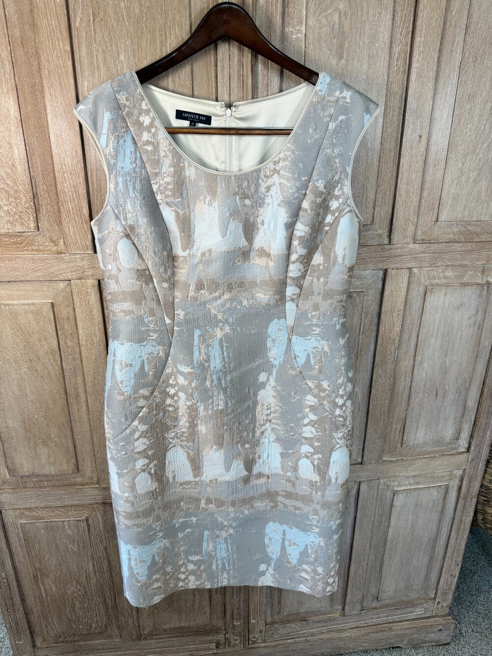 Lafayette 148 NY Silk Blend Jacquard Sheath Dress Sz 14 Ivory Taupe Floral